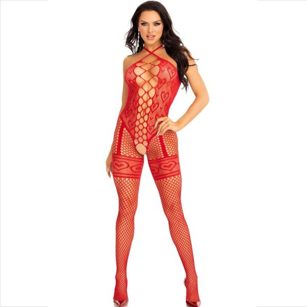 LEG AVENUE -CATSUIT EM REDE COM CRUZADO VERMELHO